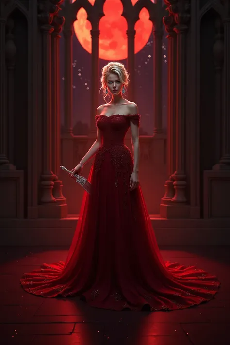 Lysandra, The chosen blood bride ,  holds the jeweled dagger in her hands ,  the blood-red dress made of tut Large wrinkles and lace pour out onto the polished stone floor .  Lysandras artfully raised ,  blonde hair glows in the reddish light of the blood ...