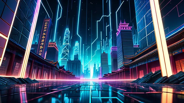 very low angle shot of a sci-fi scene inspired from the movie Inception, neon lit simple outlined (((seriously tilted virtual city buildings))), forbidden city, cracked sky, cracked ground, abstract data stream background at night, line art, (((mirrors)))....