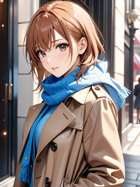 Trench Coat and Scarf, ( cute), (Misaka Mikoto), masterpiece:1.5, masterpiece, highest quality, UHD, retina, masterpiece, accurate anatomy, super detailed, high quality, best quality, 8k