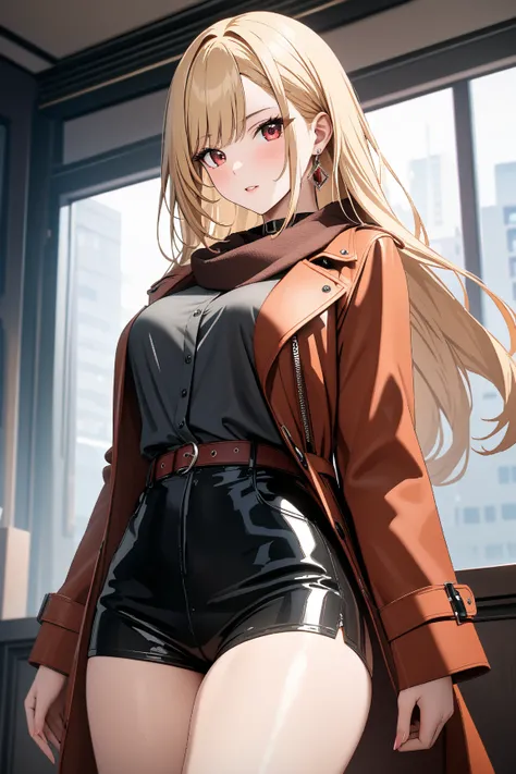 Trench Coat and Scarf,  cute, masterpiece:1.5, masterpiece, highest quality, Kitagawa Marin, 1girl,  cowboy shot , blonde hair, long hair, multicolored hair, red eyes, jewelry, earrings, piercing, black choker, UHD, retina, masterpiece, accurate, anatomica...