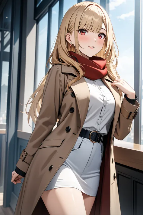 Trench Coat and Scarf,  cute, masterpiece:1.5, masterpiece, highest quality, Kitagawa Marin, 1girl,  cowboy shot , blonde hair, long hair, multicolored hair, red eyes, jewelry, earrings, piercing, black choker, UHD, retina, masterpiece, accurate, anatomica...