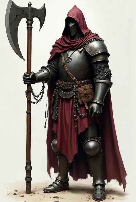 Knight in metal armor, with chains and shackles, dressed in a maroon tunic with matching hood and carrying a large long ax with an arched blade.