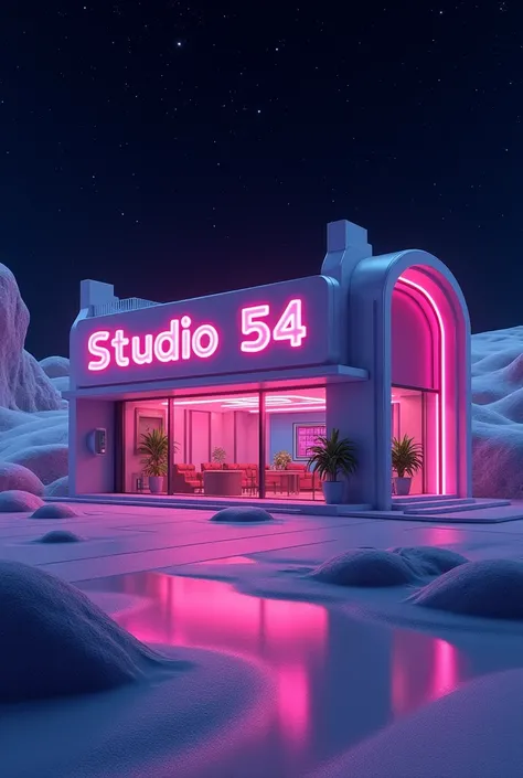 landscape of marinuana dispensary called “studio 54” , no purple , in space