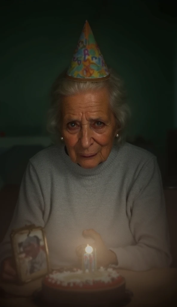 An elderly woman in a LIVING ROOM. She is sitting at a SMALL table with a sad and introspective expression. The woman is wearing a light gray sweater. She is neatly groomed, and her wrinkled face reveals her advanced age. Her furrowed brow and knitted eyeb...