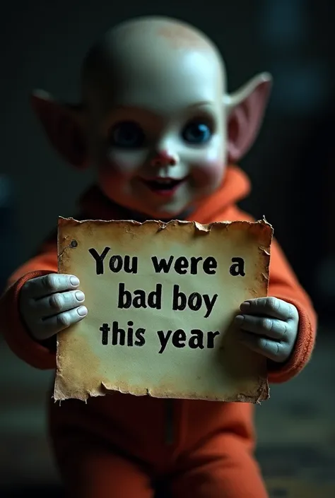  A worn and crooked note ,  held by the small hands of the Flinx doll . The creepy message reads : "You were a bad boy this year ."  The scene is illuminated by a faint light that intensifies the terror.