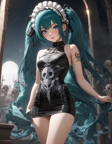 headdress、Piercing、Tattoo、height_Punk , 1 girl on, Alone,、 top quality,  realistic,  Very Fine Illustration ,   Beautiful Attractive Anime Girl ,(Mini Dress:1.4),   Miku Hatsune ,  slim body,  Hair Bundle , A girl, Picture of a girl , Full body shot,  Beau...