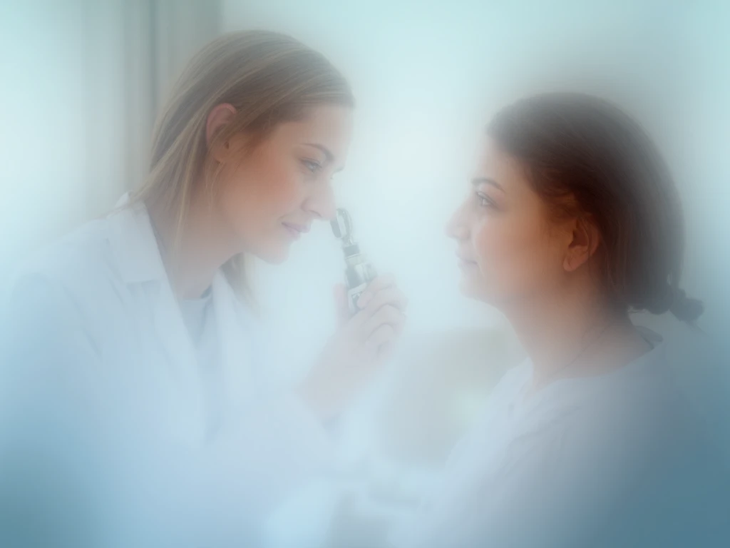 "A doctor using a traditional otoscope to examine a patients ear in a bright, professional clinic."