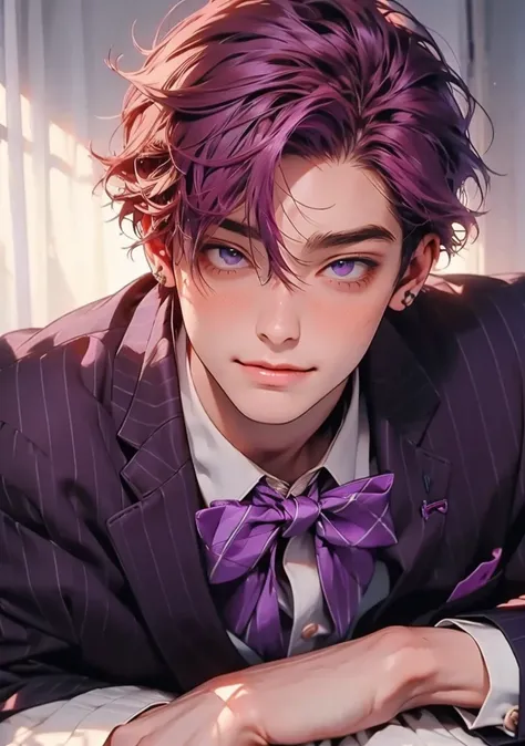 adult male, red hair, solo, 1boy, dark purple eyes, male focus, chest, out of frame, reality, (purple striped suit, purple bow tie), (sensual, Half-closed eyes, light smile, slight blush), sensual pose, sexy, lying down, good anatomy