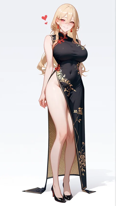 1 Girl,  unique ,  HD, Accurate,  long hair, blond,  hair is between the eyes,  Big Breasts ,  blush,  has a seductive smile, heart in eye,  Wearing cheongsam， Full Body Photo ， long legs，Black Silk：1.5