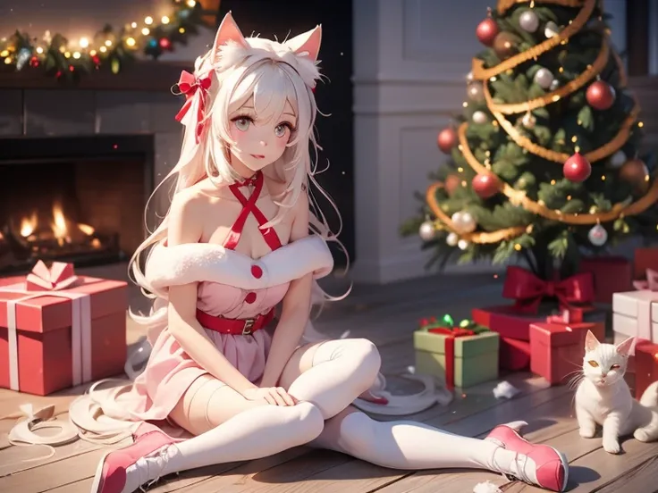 A girl with long wavy white hair has white cat ears, small white wings, a huge white tail. She wears light pink Christmas clothes with bare shoulders and pink boots and sits inside a gift box with a Christmas tree around her