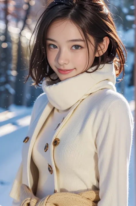 (8k, RAW photo, photorealistic, HQ, masterpiece), a cute Japanese girl,(glowing eyes), 
(smile ), brown hair, fluffy Pixie Bob hair, large breasts, (Stylish winter outfits, Scarf, coat, long skirt), 
standing pose, Seductive pose, (Snow continuing to fall:...