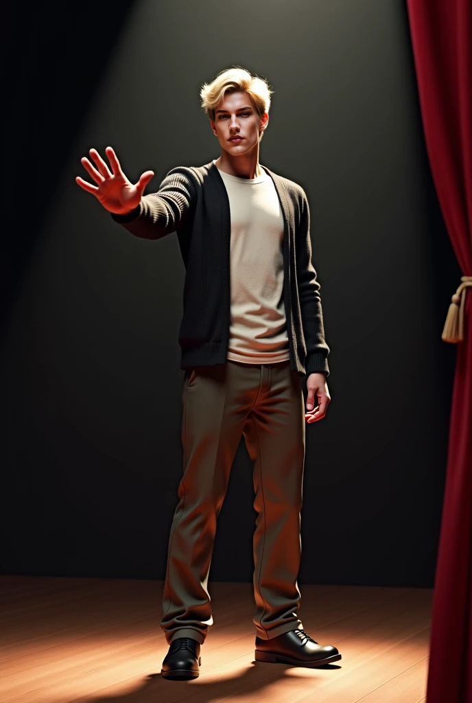 UHD, accurate, masterpiece, anatomically correct, textured skin, super detail, high details, high quality, young man, blond hair, tall, man standing on theatre stage, reaching forward, digital art wearing a dark cardigan, light-coloured T-shirt, and trouse...