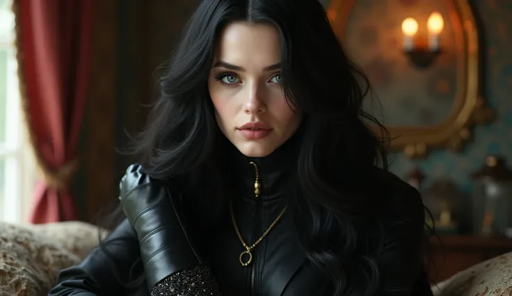 Create a stunning, photorealistic portrait of Morgana, a captivating polymorphic storyteller. She has long, flowing black hair styled in soft waves that cascade elegantly down her back. Her skin is very pale, resembling porcelain, which contrasts beautiful...