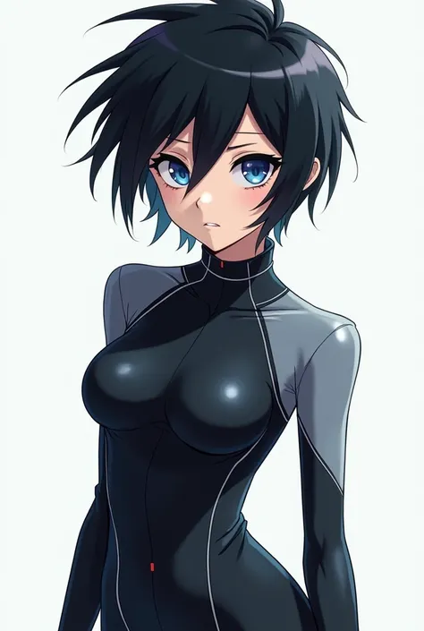 An anime girl with short but pointed black hair and blue eyes in tight clothes