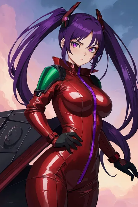 1girl, beautiful anime fighter girl, red and black leather catsuit, dark green shoulder pads, cool ace pilot with mesmerizing detailed purple eyes, detailed purple hair, 8k, HDR, dramatic colors, vivid, character design