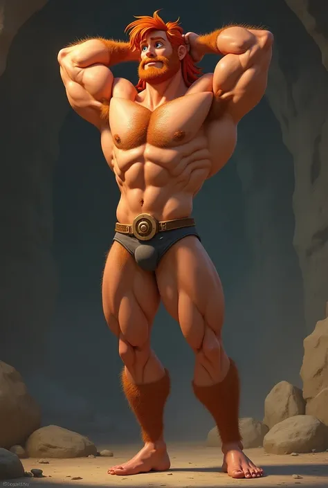 Hercules from Disney, without shirt, with his arms behind his head, hair in armpits, orange hair, using Jockstrap with big bulge, hairy chest, no beard, showing full body