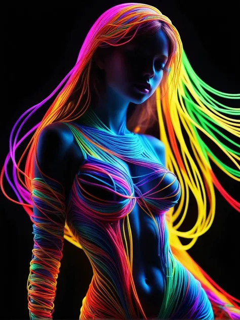 ((Ultra Long Exposure Photography)) full body shot high quality, highly detailed, Colorful beautiful woman silhouette made of millions of ultra bright neon strings, beautiful silhouette, by yukisakura, high detailed,