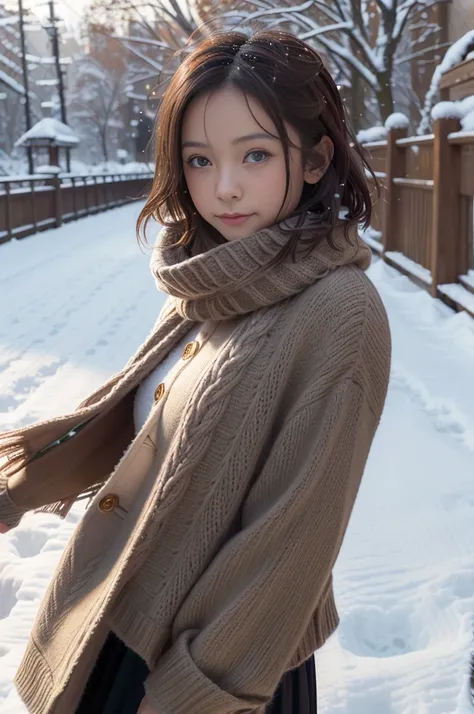 (8k, RAW photo, photorealistic, HQ, masterpiece), a cute Japanese girl,(glowing eyes), 
(smile ), brown hair, fluffy Pixie Bob hair, large breasts, (Stylish winter outfits, Scarf, coat, long skirt), 
standing pose, Seductive pose, (Snow continuing to fall:...