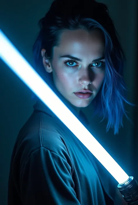 daisy ridley with blue hair tips, White lightsaber, male 