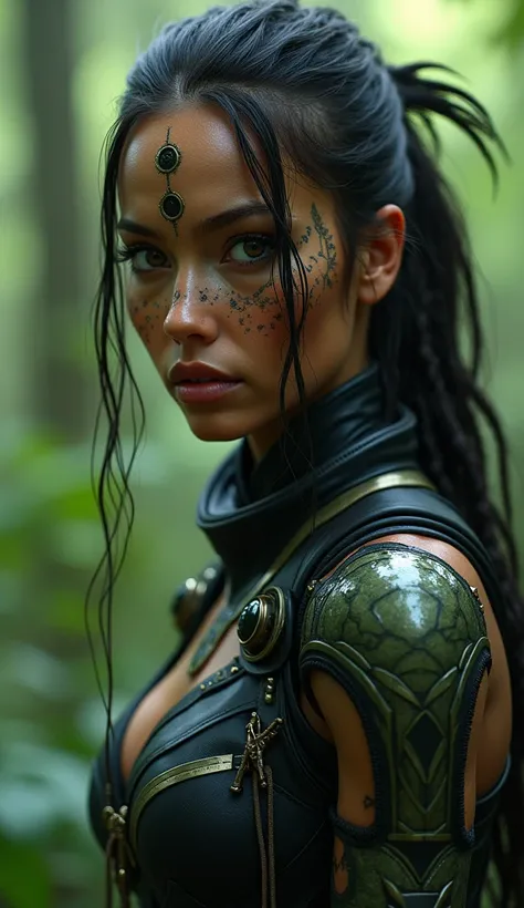 Close up shot ,A beautiful tribal woman in a latex explores a primary forest, tech wear, sci-fi, cinematic lighting 