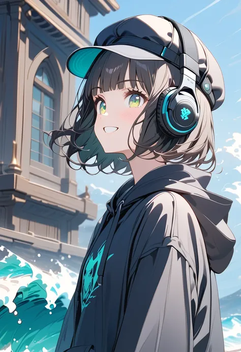 {{{masterpiece}}}, {{{ top quality }}}, {{ ultra details}}, { cute, DETAILS EYES },  1 girl, Alone, (black hair,bob cut,wave hair),(( green eyes)), (blunt bangs), (((Black headphones))),(( black hoodie ))),((cabbie hat)),( long black skirt ),((standing)),g...