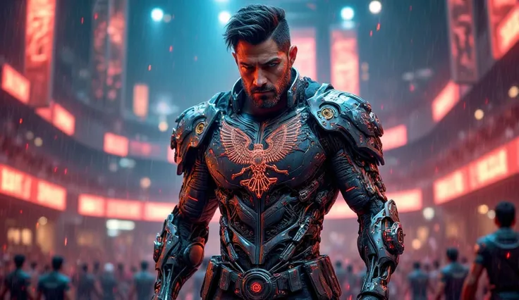 A futuristic gladiator wearing an intricate cybernetic armor inspired by ancient Roman designs, the chest plate adorned with metallic engravings of Roman eagles and laurels, glowing neon circuits tracing patterns across the surface. The shoulder pads are s...