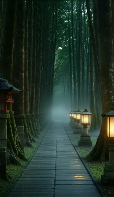 "A long, ancient Shinto shrine pathway lined with tall, moss-covered trees, traditional stone lanterns glowing softly along the path, early morning mist rising from the ground, creating a serene and mystical ambiance, cinematic lighting, highly detailed."