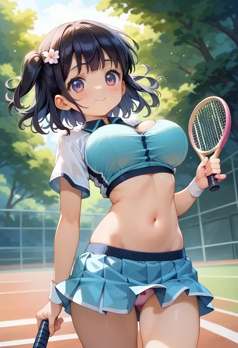 master piece,detailed,(((best quality))),megami magazine ,tennis uniform,(((big breasts))),girl,(((loli))),(((cute))),(((petite))),black hair,medium hair,panties,bra