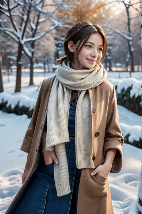 (8k, RAW photo, photorealistic, HQ, masterpiece), a cute Japanese girl,(glowing eyes), 
(smile ), brown hair, fluffy Pixie Bob hair, large breasts, (Stylish winter outfits, Scarf, coat, long skirt), 
standing pose, Seductive pose, (Snow continuing to fall:...