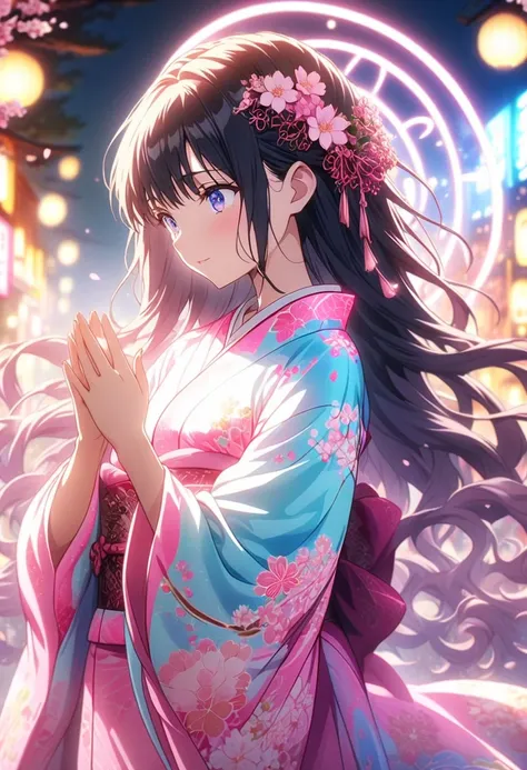 masterpiece, top quality,  Highly Detailed CG Unity 8K Wallpaper,  anime screenshots,   Woman in a Neon Kimono Anime Character Art  . She is wearing a glowing neon floral kimono. This scene with long flowing hair has a nice  soft focus effect,   accentuate...