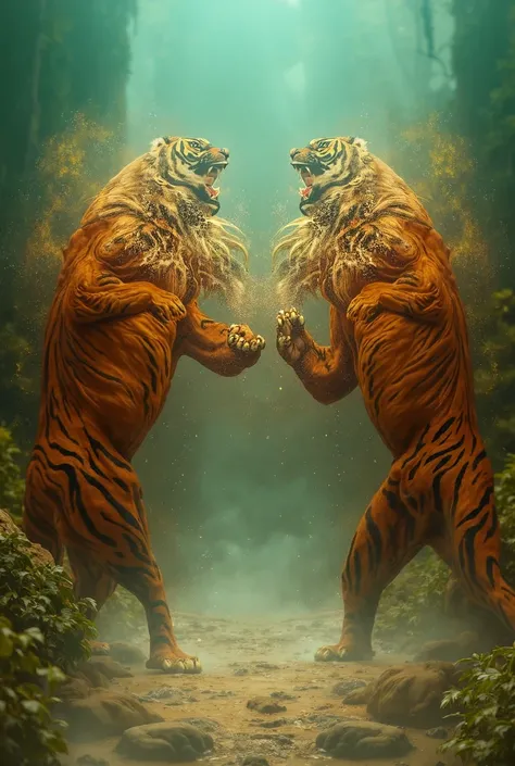 Two tigers boxing

