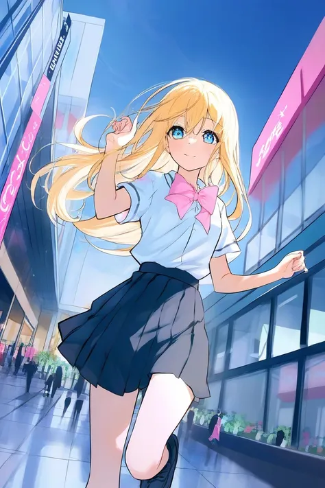 masterpiece, pink tie, school uniform blouse, school uniform skirt, long hair, yellow hair, sky blue eyes,1girl, mall, running