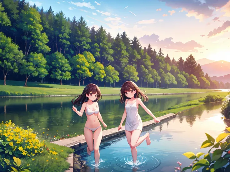 2girl,Riverbank,Running Naked Girl