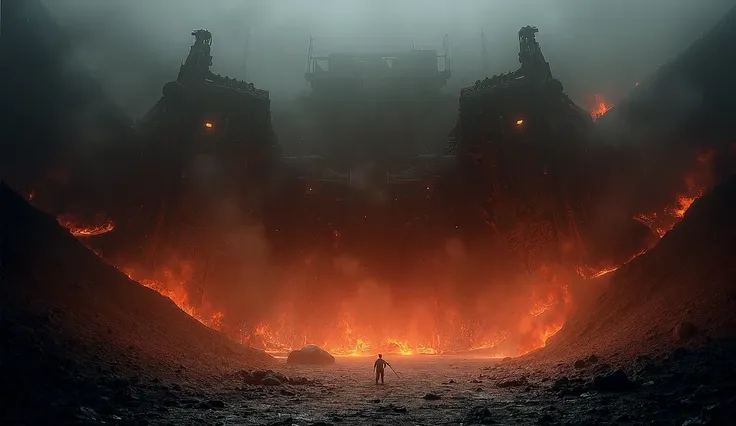 Massive, imposing industrial machines cutting, shaping, and burning granite in a dramatic, dystopian landscape. Towering mechanical structures with sharp, intricate gears and roaring flames surround a dark, desolate quarry. Workers wearing unsettling, dist...