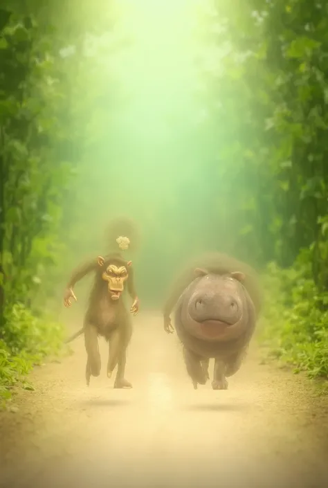 A monkey with a small hippopotamus walking on a road