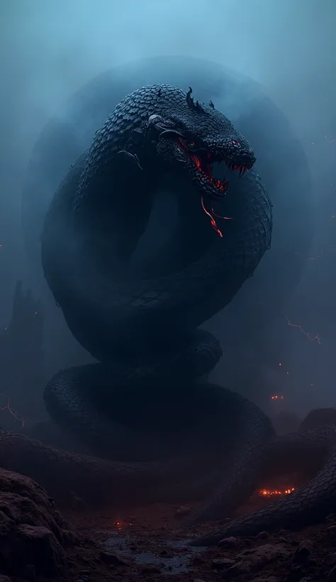 "Create a photorealistic image of a terrifying, giant hybrid creature that merges the dark power of Darth Vader from Star Wars with the primal, sinuous traits of a serpent. The creature should have an elongated, serpentine body covered in sleek, metallic s...