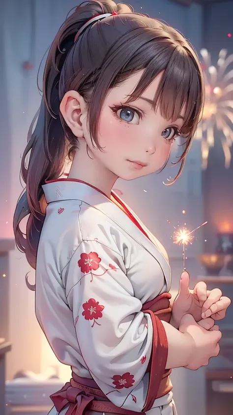 (masterpiece),(highest quality:1.2),((Perfect Anatomy)),(Perfect Fingers:1.3),(1 girl),(small breasts),highest quality,silver ponytail hair,Blunt bangs,(From the side),(Glancing sideways),Beautiful and detailed red eyes,red yukata fashion,fireworks display...