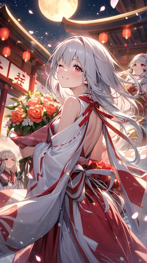 ( top quality, ),  beautiful women (Red eyes), elements. well-groomed face 、 Shy Expression 、 Silver Hair、 red eyes、smile(one eye closed、Looking up)、                     Ultra Fine             ,  A Girl in a Glittering Shrine Maiden、 Surrounded by beautifu...