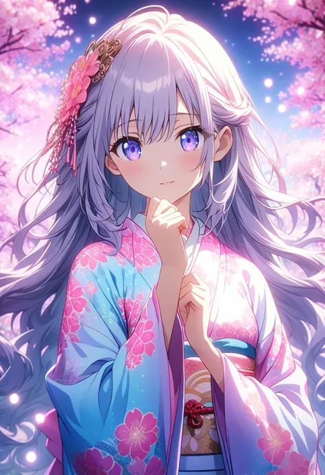 masterpiece, top quality,  Highly Detailed CG Unity 8K Wallpaper,  anime screenshots,   Woman in a Neon Kimono Anime Character Art  . She is wearing a glowing neon floral kimono. This scene with long flowing hair has a nice  soft focus effect,   accentuate...