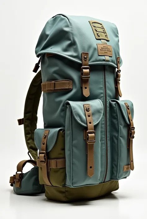 Design me a military backpack -FACE: by one person.
-FACE: from the side and back 
-MATERIALS: fabric and leather.
-COLOURS: light blue for the backpack and light green for the pockets.
-SPECIAL FEATURES:
 [**with molle system**, on the sides and back,].  ...