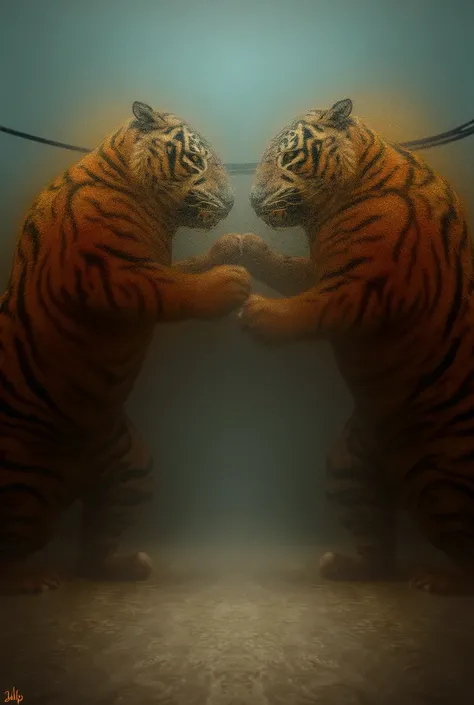 Two tigers in a ring fighting boxing 🥊