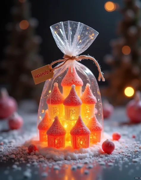 Transparent fudge style,sugar powder,
A transparent airtight bag contains a castle made of fudge and some decorative candy. The bag is hung with a tag that says "candy",
bright and full colors,fudge craft,the whole picture adopts transparent fudge texture,...