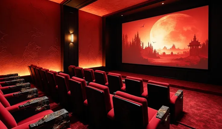 Home Theater Overview: A black-and-red home theater room with dragon-themed recliners and glowing walls.