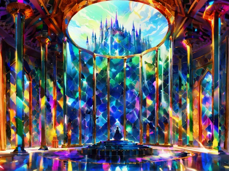  1 A large room that is a castle , is built with pure glass ,  its walls reflect like mirrors and project a multicolored glow .  In the center of the room there is a circular altar carved in onyx stone,  with glowing runes that seem to move as if they were...