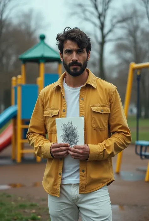 David, 40 years old Spanish man wearing Pale Yellow flannel shirt and white jeans, stands in a deserted park. The rain mingles with the ink on the torn drawing he clutches. The playground’s colorful slides and swings are empty, their vibrance dulled by the...