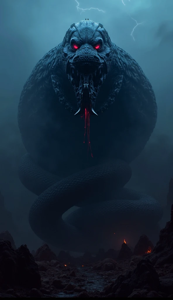 "Create a photorealistic image of a terrifying, giant hybrid creature that merges the dark power of Darth Vader from Star Wars with the primal, sinuous traits of a serpent. The creature should have an elongated, serpentine body covered in sleek, metallic s...