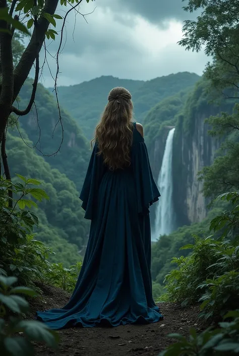 is.  we see a noble lady from the tenth century , Coming out of the jungle . She wears a dark blue dress.  the dress is torn with thorns.In the background, We see a region of Sanana ,  with a beautiful waterfall far away. On the horizon, dark rain clouds. ...