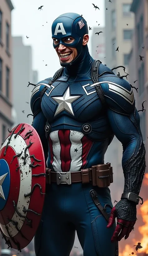 Create an image of Captain America, who has been symbiotically merged with Venom. His traditional blue and white costume is now a dark, blackened version, with sharp white markings and tendrils snaking down his arms and legs. The star on his chest is twist...