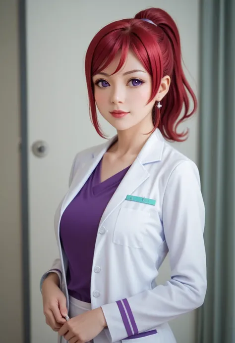 masterpiece, best quality, nishikino maki,red hair, medium hair, purple eyes , surgery doctor clothes, breasts , standing, lips , love live , ponytail , confidant