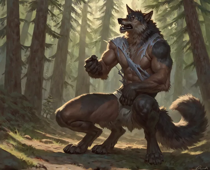 Male Wolf, comic style,  illustration, alone,  Abdominals , Pecs,  concentrated expression , male body,  masterpiece, The best art,  Full body , digitigrade, by ouna, By Taran , broken, torn shirt, detailed hands, high,  detailed eyes , Big tail, detailed ...